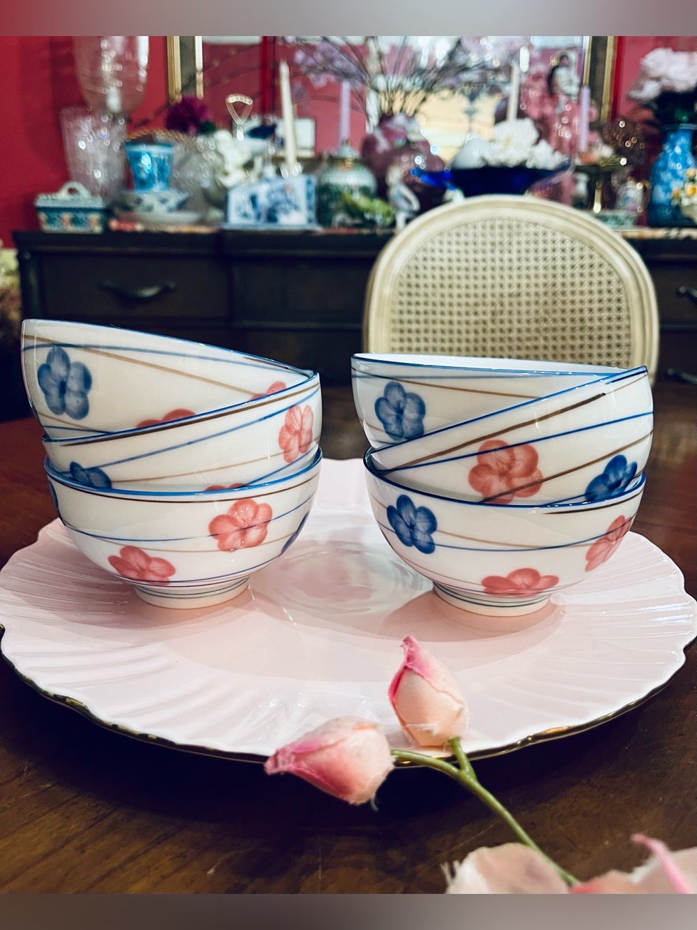 VTG Chinese Export Rice Bowls 6-Set Hand-Paint Red & Blue Plum Blossom Porcelain